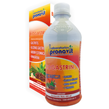 Biogastrin Jarabe de 450 ml de Laboratorios Pronavit para el alivio natural de la acidez y malestar estomacal.